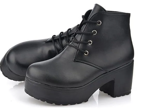 Black Lace Up Ankle Platforms Block Heels Sole Boots