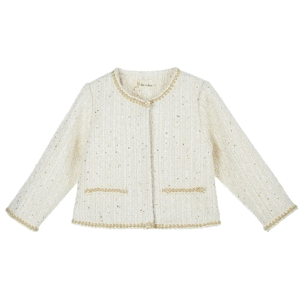   Girls' Sequin Tweed Jkt w/ Fur Scarf - Ivory