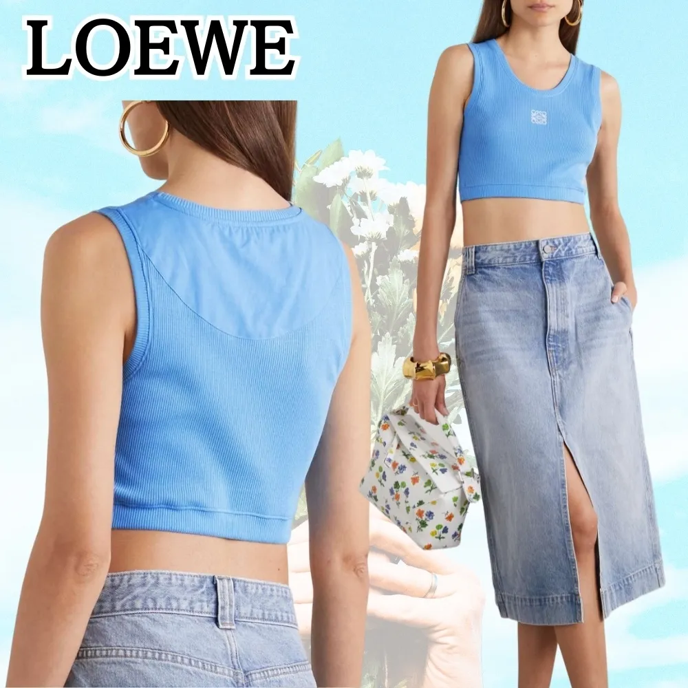 LOEWE  |Street Style U-Neck Plain Cotton Logo Cropped Tops