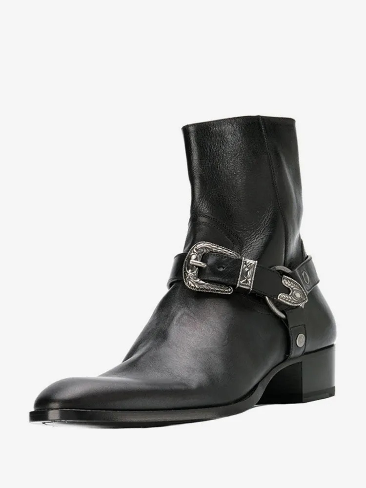 Men's Boots Chelsea Boots Black Cowhide Round Toe Metal Details Ankle Boots