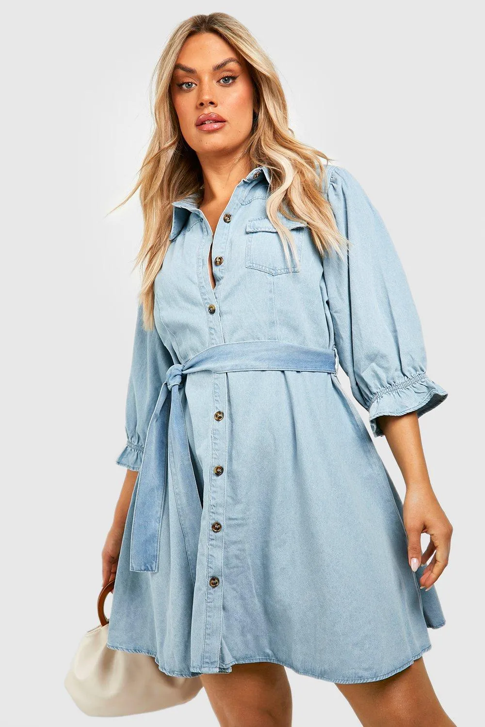 Plus Denim Pocket Tie Belt Skater Dress
