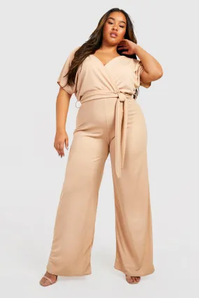 Plus Wrap Over Tie Belt Wide Leg Jumpsuit