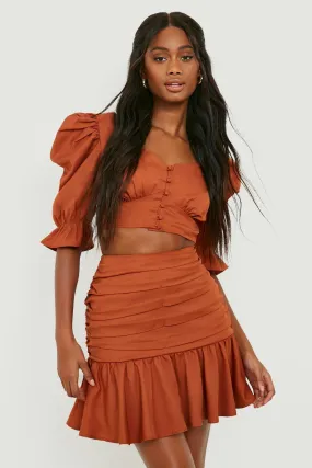 Puff Sleeve Top & Ruched Mini Skirt