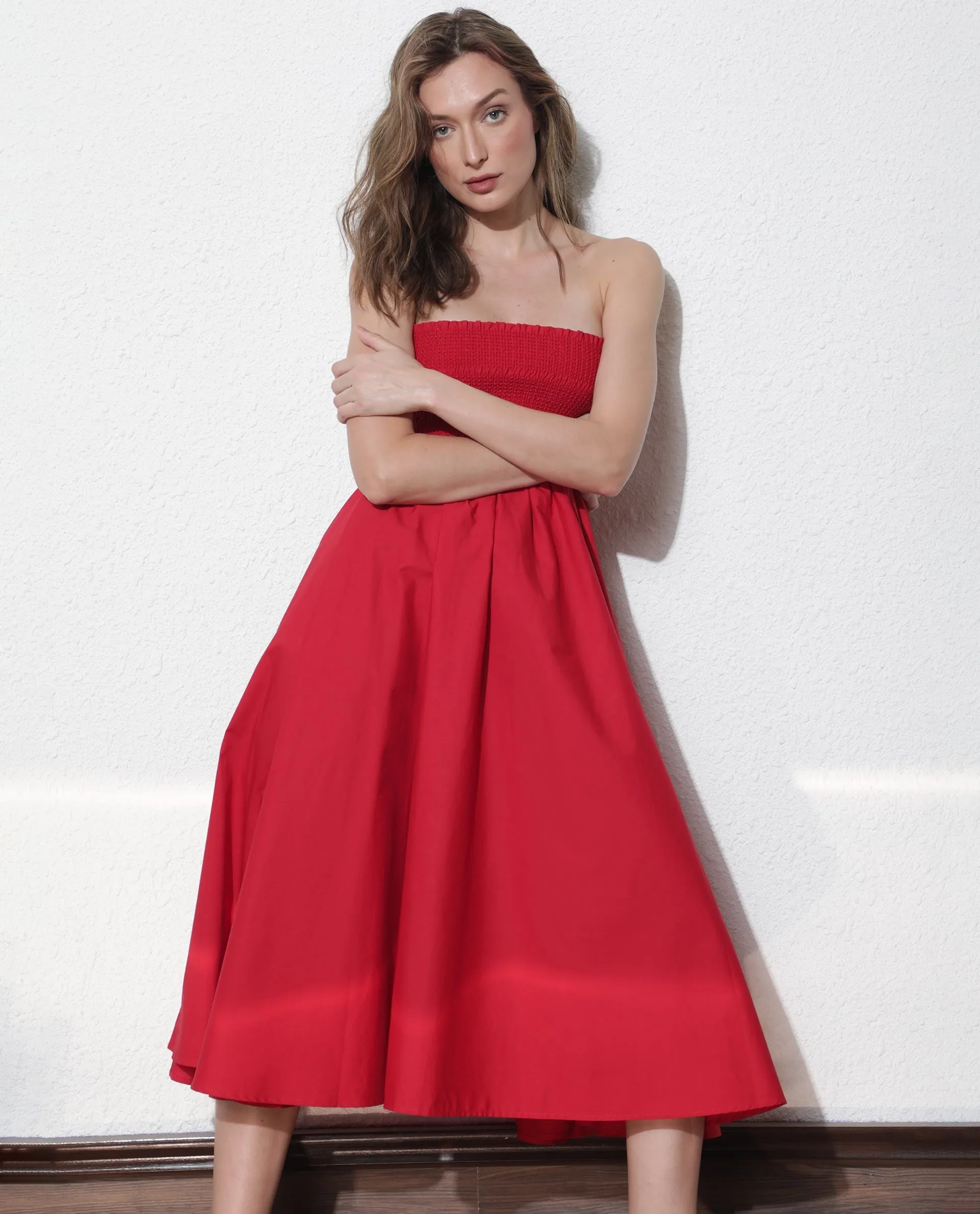 Rareism Women Zozo Red Off Shoulder With Detachable Shoulder Straps And Pockets Smocked Midi Dress