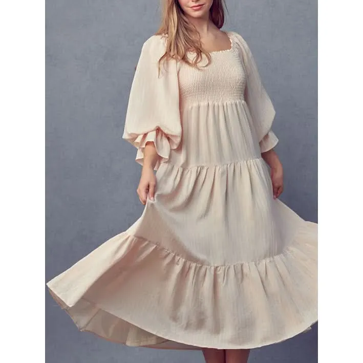 Smocked Bodice 3/4 Sleeve Dress (Mama) - Cream