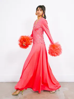 Victor Costa Bright Pink Feather Trimmed Maxi Dress